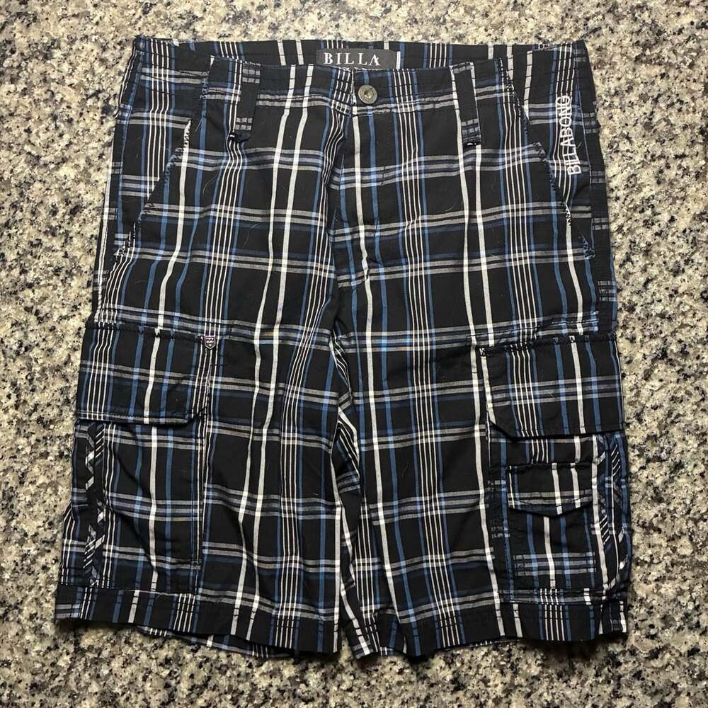 Billabong Cargo Shorts Size 29 Black Blue Plaid